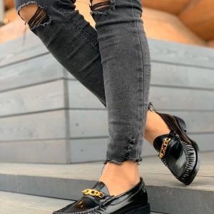 Лоферы женские Celine Black Gold Buckle